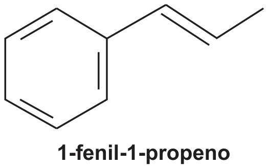 Fórmula em bastão do 1-fenil-1-propeno: anel benzênico ligado a CH=CH–CH₃, com o nome impresso abaixo.
