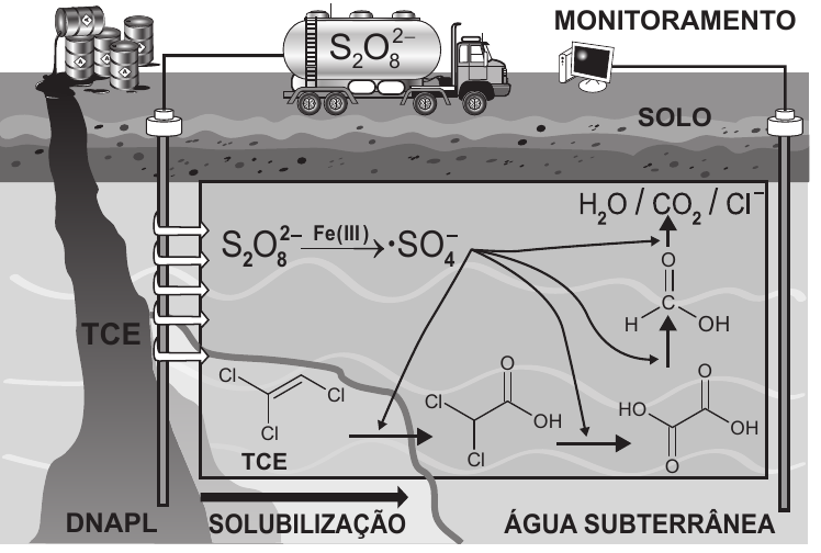 Esquema da remediação do TCE em água subterrânea pelo íon persulfato e pelo radical sulfato.