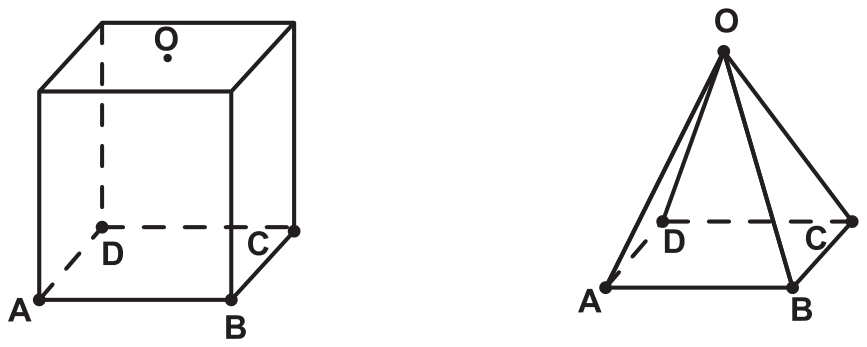 Dois desenhos em traço. À esquerda, um cubo em perspectiva com os vértices da base rotulados A (frente esquerda), B (frente direita), C (fundo direita) e D (fundo esquerda), arestas ocultas tracejadas, e o ponto O marcado no centro da face superior. À direita, a pirâmide de base quadrada ABCD e vértice O, com as arestas laterais OA, OB, OC e OD e a aresta oculta AD tracejada.