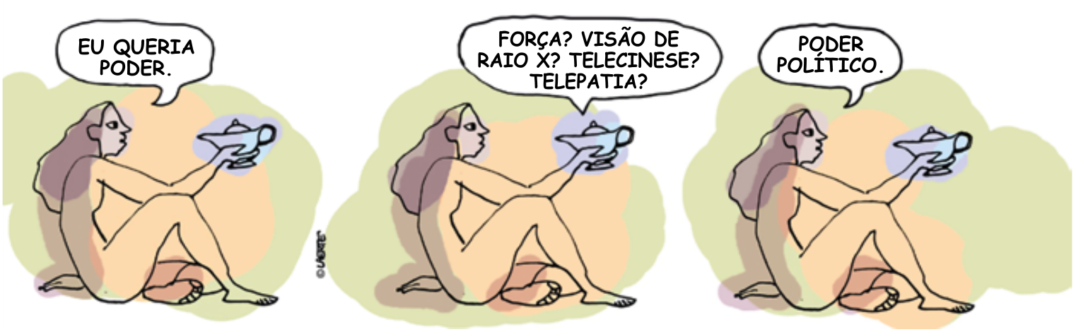 Charge em três quadros na qual uma mulher pede poder político a uma lâmpada mágica.
No primeiro quadro, a mulher diz “Eu queria poder”. A lâmpada pergunta “Força? Visão de raio X? Telecinese? Telepatia?”. No último quadro, ela responde: “Poder político”.