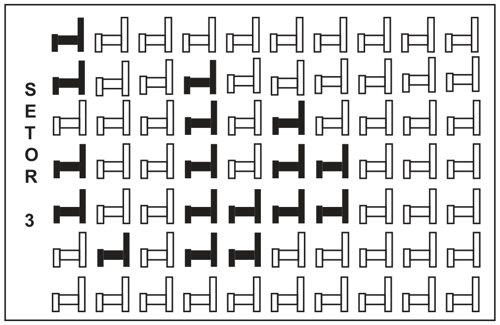 Vista de um setor de teatro com a etiqueta SETOR 3 à esquerda: 7 fileiras de 10 cadeiras desenhadas em contorno; 17 cadeiras estão preenchidas em preto (1 na primeira fileira, 2 na segunda, 2 na terceira, 4 na quarta, 4 na quinta, 4 na sexta e nenhuma na sétima) e as demais são claras.