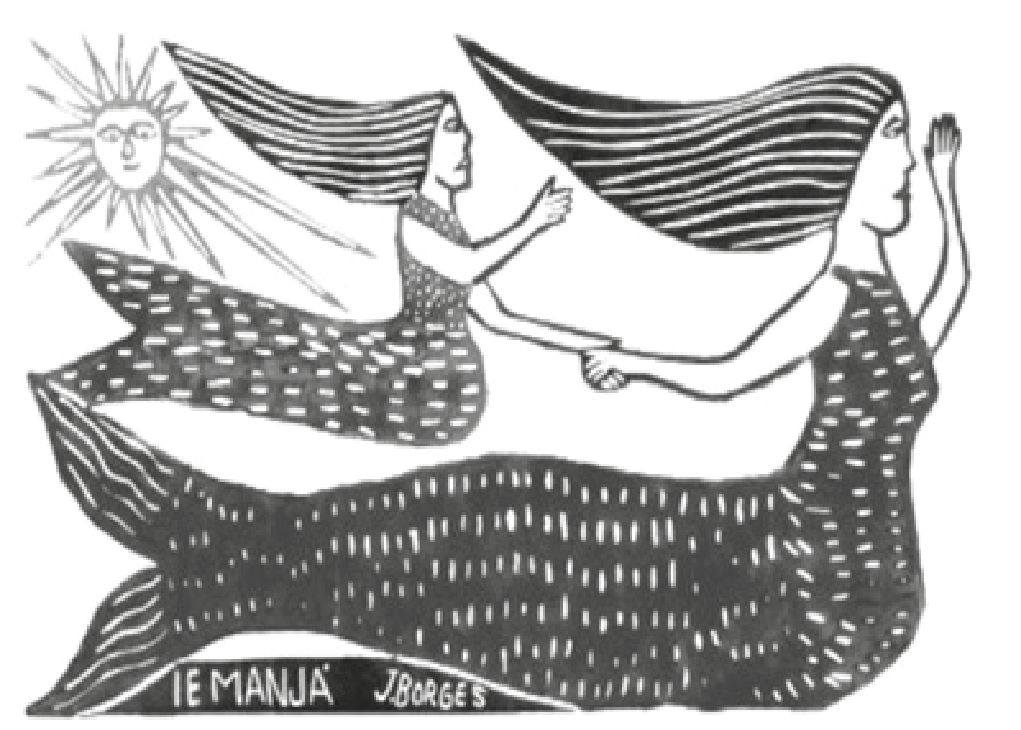 Xilogravura em preto e branco de J. Borges intitulada Iemanjá: duas sereias de cabelos longos e esvoaçantes, com caudas de peixe cobertas de traços e pontos brancos, nadam da esquerda para a direita, uma atrás da outra, com os braços estendidos; no canto superior esquerdo, um sol com rosto e raios. Na base, as inscrições “IEMANJÁ” e “J. BORGES”.