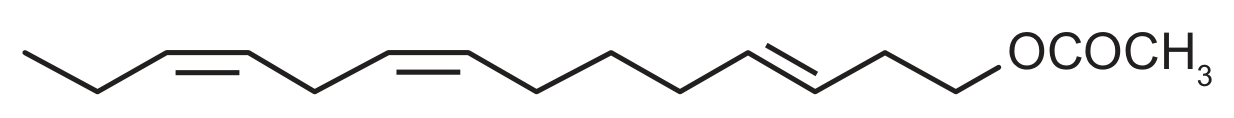 Fórmula estrutural em linhas (zigue-zague) de uma cadeia carbônica aberta e não ramificada com 14 carbonos e três ligações duplas: contando a partir da extremidade ligada ao grupo OCOCH₃ (acetato, éster), há dois CH₂, uma ligação dupla desenhada em configuração trans, três CH₂, uma ligação dupla em configuração cis, um CH₂, outra ligação dupla em configuração cis e, por fim, um CH₂ e um CH₃.