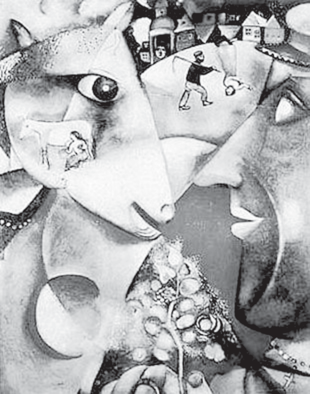 Pintura de Marc Chagall, “Eu e a aldeia” (1911), reproduzida em preto e branco: à esquerda, o perfil de uma cabra de olhos grandes, dentro de cuja face aparece uma pequena cena de ordenha; à direita, o perfil de um homem de boné, com colar, que segura um ramo florido; entre os dois rostos, ao alto, casas de aldeia e uma igreja, um camponês com foice e uma mulher de cabeça para baixo; círculos e formas geométricas se sobrepõem à cena.