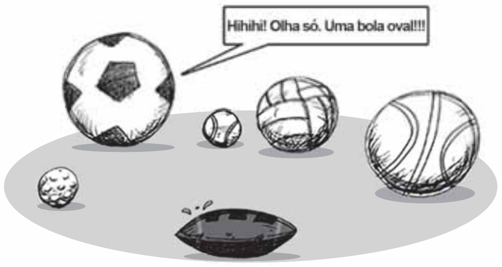Charge: sobre uma quadra cinza, uma bola de futebol, uma de tênis, uma de vôlei, uma de basquete e uma de golfe; a bola de futebol diz no balão: “Hihihi! Olha só. Uma bola oval!!!”, enquanto uma bola oval de futebol americano, no centro, chora.