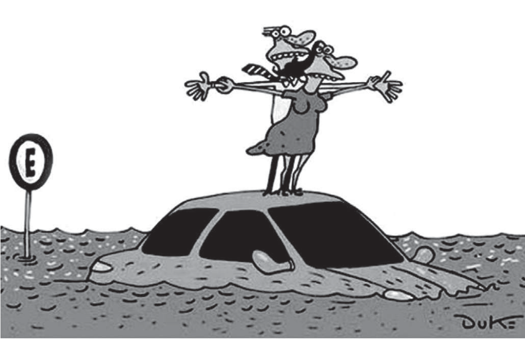 Charge de Duke: um homem e uma mulher, de braços abertos como na cena do filme Titanic, estão de pé sobre o teto de um carro quase totalmente submerso por uma enchente; ao lado, uma placa de estacionamento proibido também está coberta pela água.