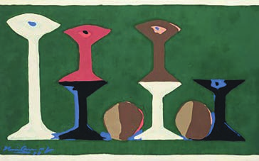 Reprodução da serigrafia “Carretéis 4”, de Iberê Camargo: sobre fundo verde-escuro, cinco formas de carretel estilizadas, alinhadas lado a lado, em branco, rosa, marrom e preto, com sombras azuis; entre elas, duas formas ovais bipartidas em marrom e bege. Assinatura do artista no canto inferior esquerdo.