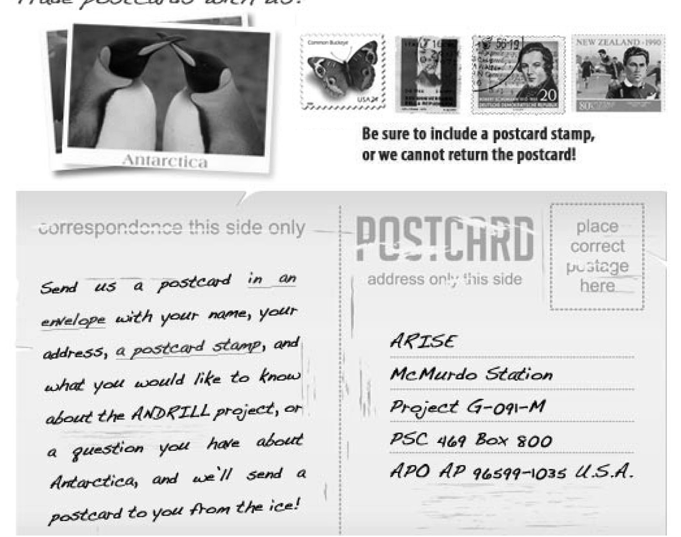 Página com o título manuscrito "Trade postcards with us!". Em cima, a foto de um cartão-postal com dois pinguins e a legenda "Antarctica", ao lado de quatro selos postais (borboleta dos EUA, selos da Itália, da Alemanha e da Nova Zelândia) e o aviso "Be sure to include a postcard stamp, or we cannot return the postcard!". Embaixo, o verso de um cartão-postal ("POSTCARD", "correspondence this side only", "address only this side", "place correct postage here") com texto manuscrito: "Send us a postcard in an envelope with your name, your address, a postcard stamp, and what you would like to know about the ANDRILL project, or a question you have about Antarctica, and we'll send a postcard to you from the ice!" e o endereço "ARISE, McMurdo Station, Project G-091-M, PSC 469 Box 800, APO AP 96599-1035 U.S.A.".
