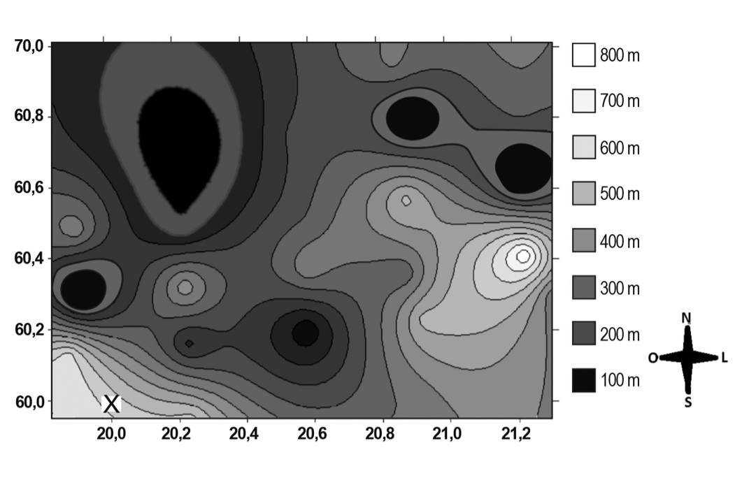 Mapa de curvas de nível em tons de cinza, com longitude de 20,0 a 21,2 no eixo horizontal e latitude de 60,0 a 70,0 (marcas 60,2; 60,4; 60,6; 60,8) no eixo vertical. Regiões escuras (baixas) e claras (altas) se alternam; há manchas pretas no alto à esquerda, à direita perto de (20,9; 60,8) e outras menores. Um X marca o ponto (20,0; 60,0) no canto inferior esquerdo. À direita, legenda de tons: branco 800 m, depois 700, 600, 500, 400, 300, 200 m e preto 100 m, além de uma rosa dos ventos com N, S, L e O.
