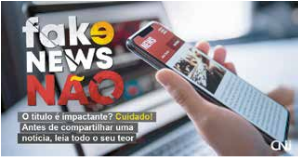 Peça de campanha do Conselho Nacional de Justiça (CNJ). À esquerda, em letras grandes: “fake NEWS NÃO”, com a palavra “NÃO” em vermelho. Abaixo, em faixas: “O título é impactante? Cuidado! Antes de compartilhar uma notícia, leia todo o seu teor”. À direita, uma mão segura um celular cuja tela exibe a página de uma notícia. No canto inferior direito, a sigla “CNJ”.
