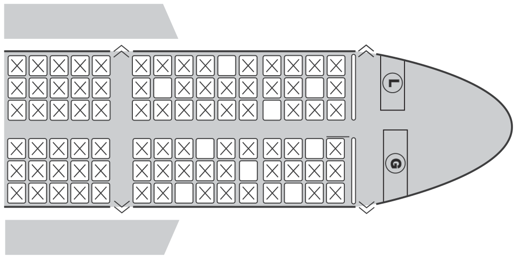 Planta de um avião. Poltronas ocupadas marcadas com X; disponíveis em branco. Nas seis linhas horizontais de poltronas, de cima para baixo, há respectivamente 1,2,1,2,1 e 2 poltronas brancas. Há corredor central, asas e duas áreas frontais identificadas porL eG.