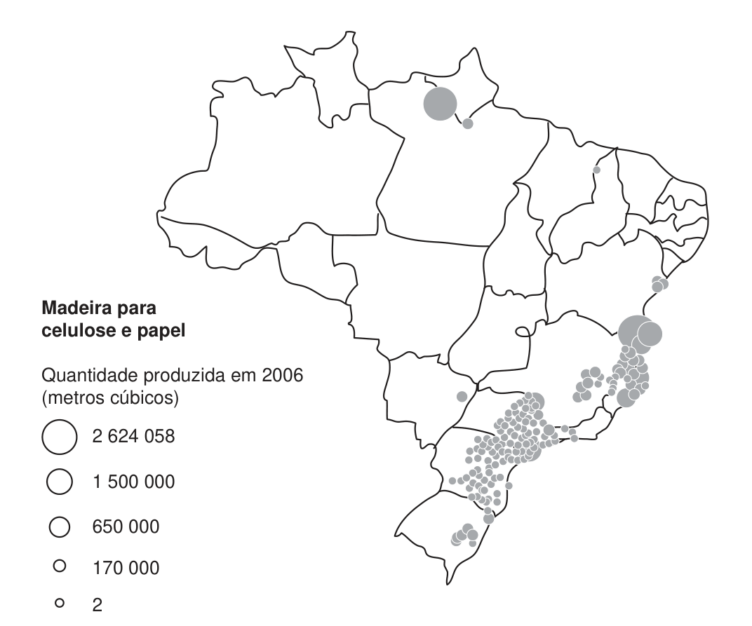 Mapa do Brasil com círculos proporcionais indicando a quantidade de madeira para celulose e papel produzida em 2006, em metros cúbicos (legenda de 2 a 2 624 058). Dezenas de círculos pequenos cobrem o interior de São Paulo, Paraná e Santa Catarina; círculos grandes aparecem no norte do Espírito Santo e sul da Bahia e um círculo grande no Pará; poucos pontos em Minas Gerais, Bahia e Rio Grande do Sul.