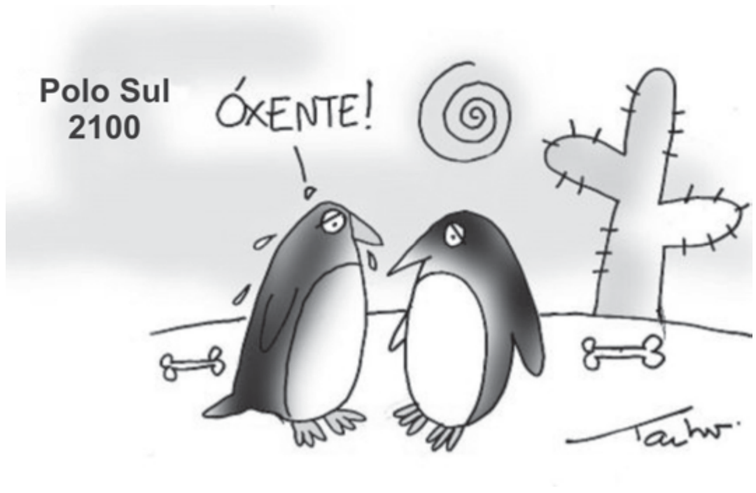 Charge: no "Polo Sul 2100", dois pinguins suam sob o sol; um diz "Óxente!". Ao fundo, um cacto e ossos no chão, como num deserto. Assinatura do cartunista.