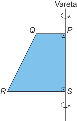 Trapézio PQRS girado em torno da reta que contém o lado PS.
Diagrama de um trapézio com indicação de rotação completa em torno de uma reta vertical que passa por P e S.
