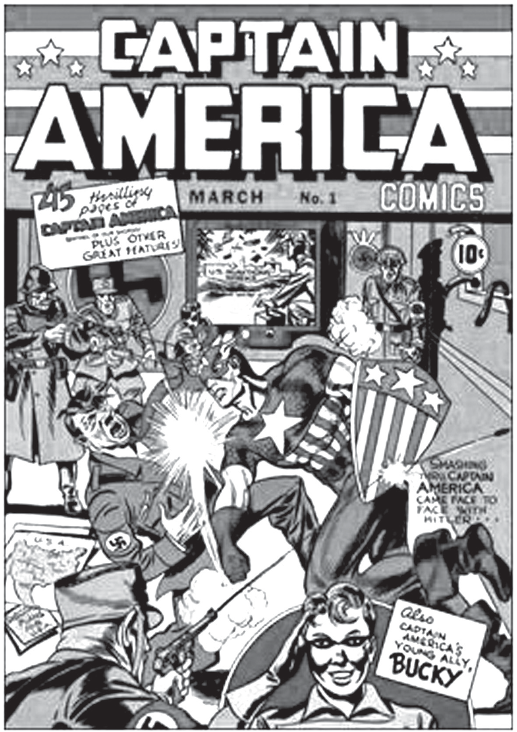 Capa da revista Captain America Comics, número 1, de março, com preço de 10 cents. O herói, de máscara com asas, uniforme listrado com uma estrela no peito e escudo redondo, desfere um soco no rosto de um homem de bigode e braçadeira com suástica, que cai para trás; ao redor há militares uniformizados e, ao fundo, uma tela exibe uma explosão. No canto inferior direito, um jovem sorridente é apresentado como o aliado Bucky.