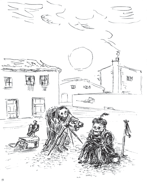 Desenho a bico de pena, em preto sobre branco: rua de uma cidade com casas simples ao fundo, céu com nuvens riscadas e um sol redondo. À frente, um fotógrafo encapuzado, cujo rosto é uma caveira, aponta uma câmera antiga sobre tripé para uma figura sentada no chão, também de rosto de caveira, envolta em roupas escuras; à esquerda, um urubu pousado sobre uma caixa ao lado de um cachorro deitado; à direita, uma bandeira escura numa vara.