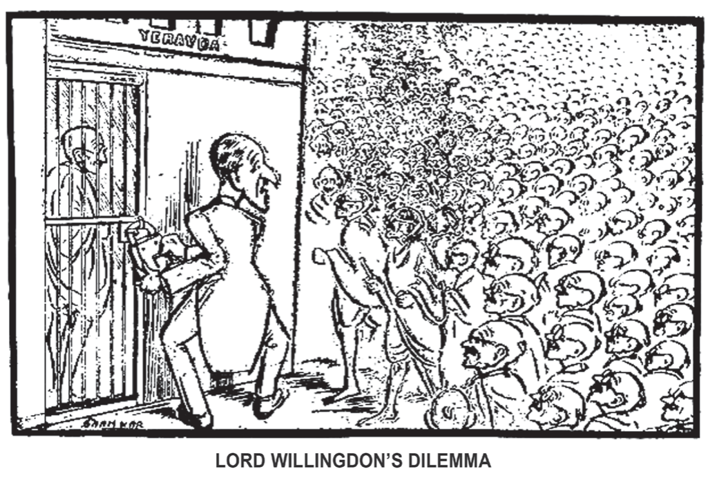 Cartum em preto e branco assinado por Shankar, com o título Lord Willingdon's Dilemma abaixo da imagem. Um homem de fraque e cabelo penteado, com uma chave na mão, abre a porta de uma cela identificada como Yeravda, onde já está um homem magro; ao lado dele, outro homem magro, de tanga e óculos, espera de pé, e atrás se estende uma fila e uma multidão de dezenas de figuras idênticas a ele até o horizonte.