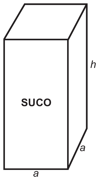 Embalagem em formato de prisma reto de base quadrada, com a palavra “SUCO” na face frontal; as arestas da base estão indicadas por a e a altura, por h.