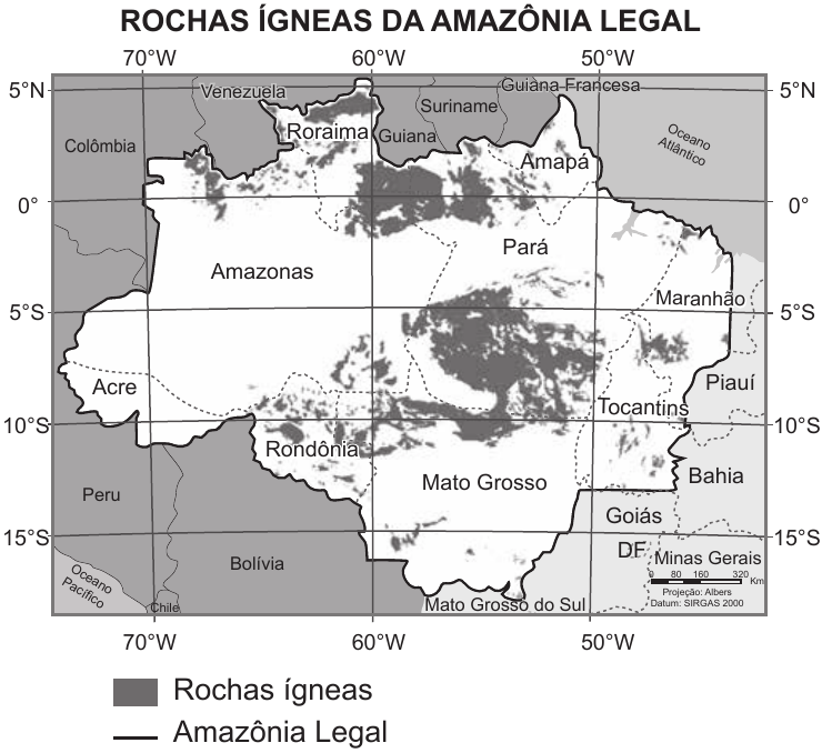 Mapa das rochas ígneas na Amazônia Legal.