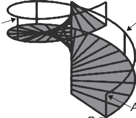 Desenho em perspectiva de uma escada caracol com degraus em leque ao redor de um eixo central e corrimão. Sobre o corrimão estão marcados os pontos A (embaixo, à direita), B, C (no alto), D (à esquerda) e E (no topo, acima de A); o ponto P fica no piso, abaixo de A.