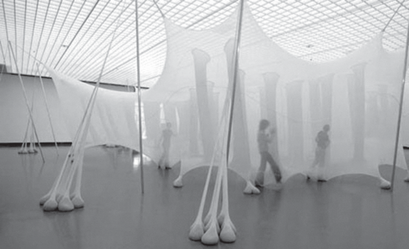 Fotografia de uma instalação num salão amplo: grandes membranas de tecido translúcido esticadas por hastes e por pesos pendentes em forma de gota que tocam o chão; entre as formas, pessoas caminham e atravessam a obra.