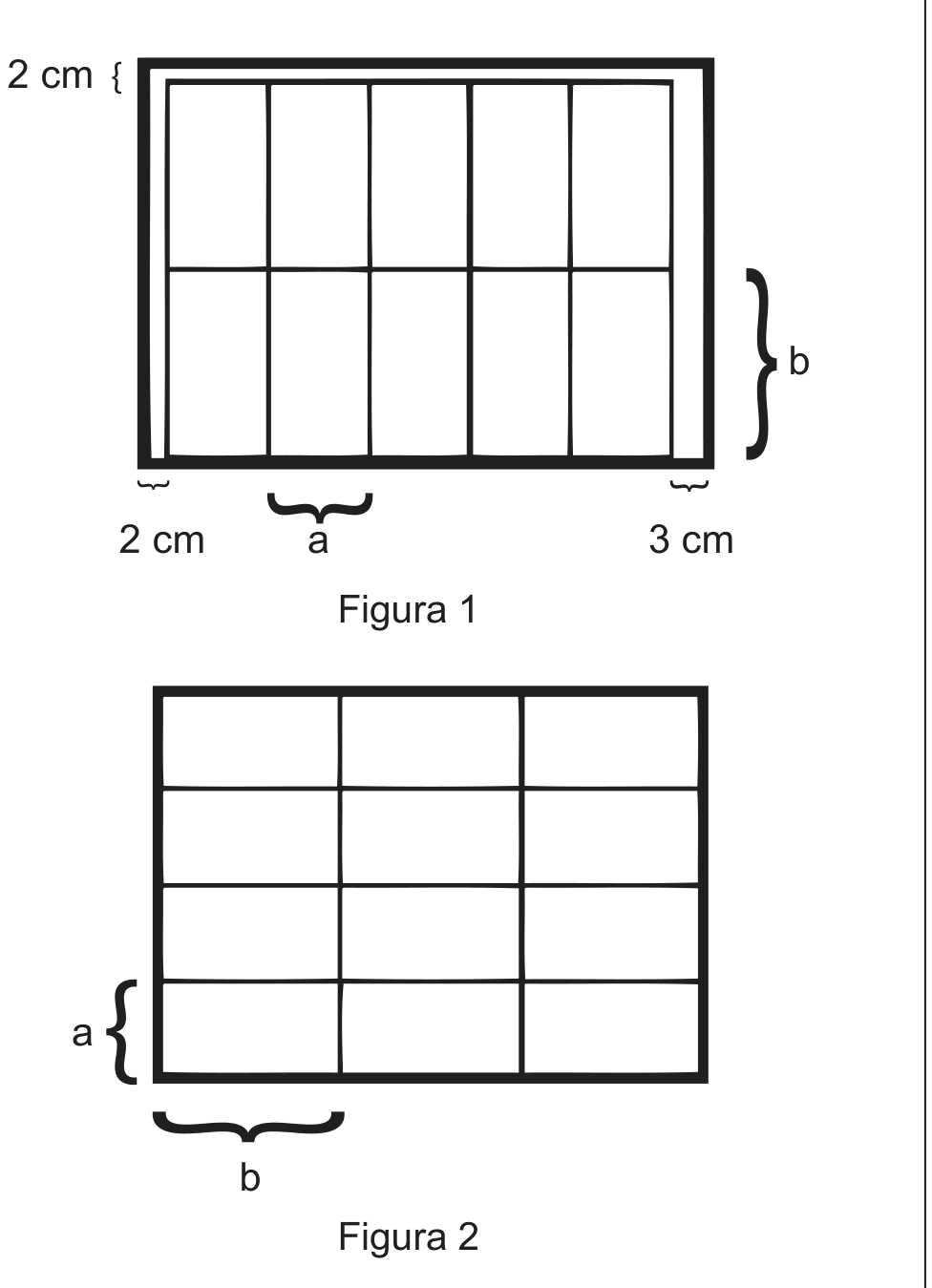 Figura 1: retângulo grosso (compartimento) contendo duas fileiras de cinco caixas retangulares em pé; folgas indicadas de 2 cm à esquerda, 3 cm à direita e 2 cm acima; a largura de uma caixa é a e a altura é b. Figura 2: o mesmo compartimento com quatro fileiras de três caixas deitadas, sem folgas; a altura de cada caixa é a e a largura é b.