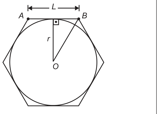 Hexágono regular com um círculo inscrito tangente aos seis lados. O lado superior tem extremos A (esquerda) e B (direita) e comprimento L indicado por uma seta de duas pontas acima dele. Do centro O sai o raio r, perpendicular ao lado AB (ângulo reto marcado no ponto de tangência), e um segmento de O até o vértice B.