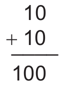 Adição em coluna: 10 + 10, com 100 abaixo do traço.