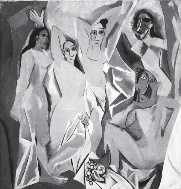 Pintura de Picasso (1907) com cinco figuras femininas nuas em formas angulosas e planos geométricos; as duas figuras da direita têm rostos que lembram máscaras africanas, com traços estilizados e assimétricos; no primeiro plano, uma pequena natureza-morta com frutas.