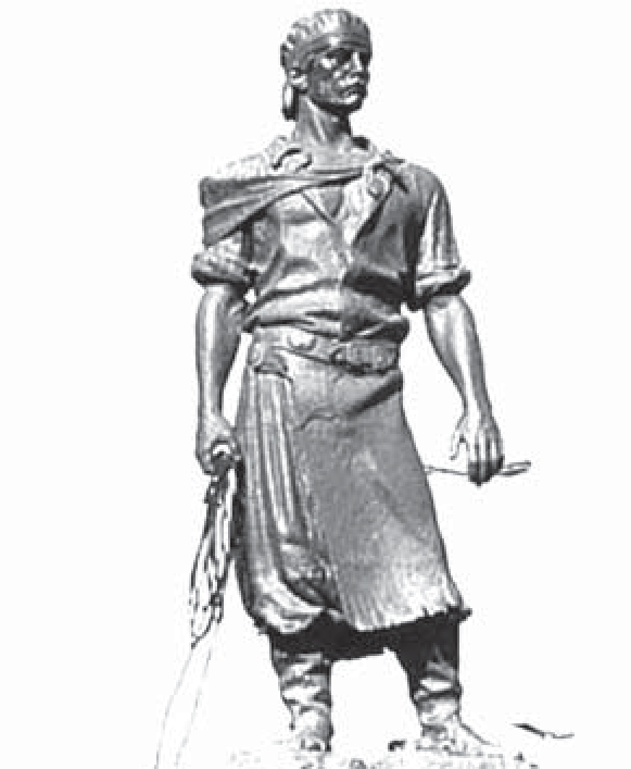 Fotografia em preto e branco da Estátua do Laçador, em Porto Alegre: escultura de um gaúcho em pé, com lenço no pescoço, camisa de mangas arregaçadas, bombacha e botas, segurando um laço enrolado na mão direita.