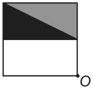 Quadrado com a metade superior dividida por uma diagonal em um triângulo preto (embaixo, à esquerda) e um triângulo cinza (em cima, à direita); a metade inferior é branca. O ponto O está no canto inferior direito do quadrado.