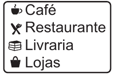 Legenda de serviços: xícara = Café; talheres = Restaurante; livros = Livraria; sacola = Lojas.