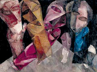 Pintura Eternos caminhantes, de Lasar Segall, com figuras humanas fragmentadas e sobrepostas.