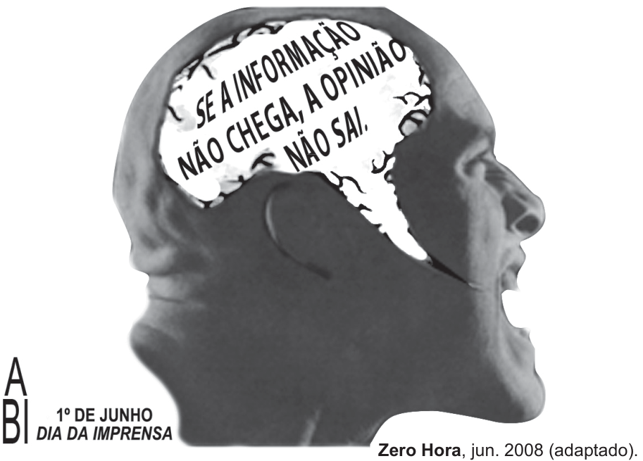 Campanha da ABI com cabeça de perfil, boca aberta e região cerebral onde se lê: “SE A INFORMAÇÃO NÃO CHEGA, A OPINIÃO NÃO SAI.” Marca ABI e “1º DE JUNHO DIA DA IMPRENSA”. Referência na imagem: Zero Hora, jun.2008 (adaptado).