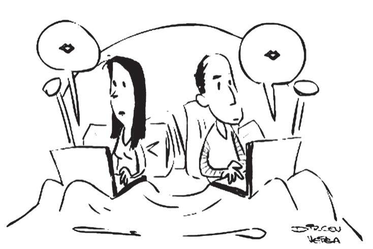 Charge em preto e branco, sem falas. Um casal está deitado lado a lado na cama, cada um com um notebook aberto sobre as pernas; ambos olham para as telas. Acima de cada um há um balão de pensamento com o desenho de uma boca em formato de beijo, e os balões apontam um para o outro. Assinatura "Dirceu Veiga" no canto inferior direito.