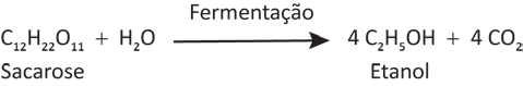 Equação química impressa como figura: C₁₂H₂₂O₁₁ + H₂O, com a legenda "Sacarose" sob o primeiro termo, seguida de uma seta longa para a direita rotulada "Fermentação" e, do outro lado, 4 C₂H₅OH + 4 CO₂, com a legenda "Etanol" sob o primeiro produto.