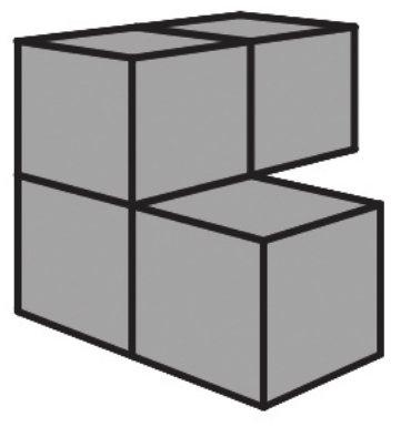 Desenho em perspectiva de um sólido formado por quatro cubos iguais, todos cinzentos. Dois cubos formam a fileira de baixo, lado a lado; sobre o cubo da esquerda há um terceiro cubo e, ao lado dele, um quarto cubo, de modo que a fileira de cima fica deslocada para trás em relação à de baixo, deixando um degrau à direita.