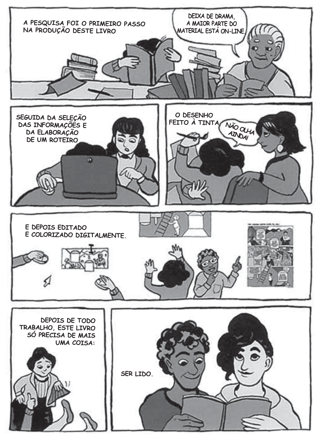 Quadrinhos com pessoas lendo, pesquisando, desenhando e editando um livro.