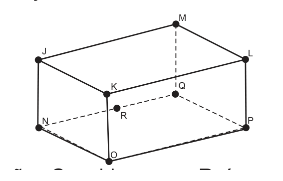 Paralelepípedo em perspectiva. Face de cima: J (esquerda), M (atrás), L (direita) e K (frente). Face de baixo: N (abaixo de J), Q (abaixo de M, escondido, com arestas tracejadas), P (abaixo de L) e O (abaixo de K). O ponto R está marcado no meio da aresta tracejada NQ.