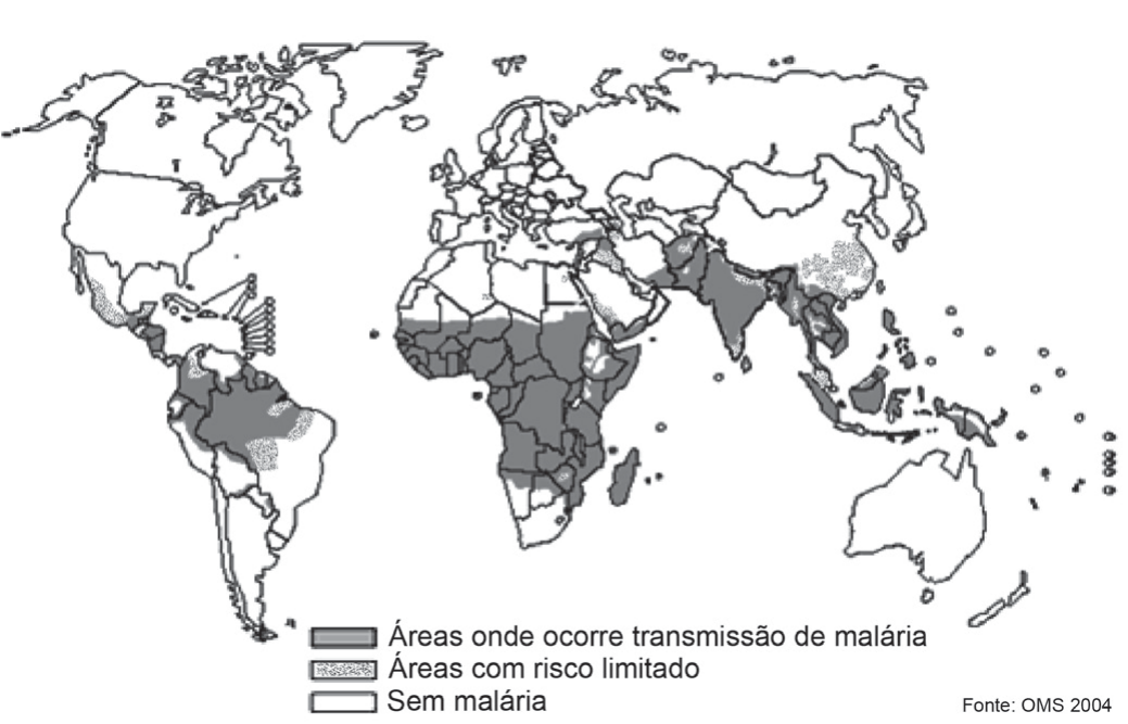Mapa-múndi em preto e branco com a distribuição da malária. Áreas em cinza escuro (áreas onde ocorre transmissão de malária) cobrem a bacia amazônica e o norte da América do Sul, a América Central, a África subsaariana, Madagascar, o sul da Península Arábica, o subcontinente indiano, o Sudeste Asiático e ilhas da Oceania; áreas pontilhadas (áreas com risco limitado) aparecem no México, em partes do Brasil central, no norte da África, no Oriente Médio, na China e na Ásia Central; o restante é branco (sem malária). Fonte: OMS 2004.