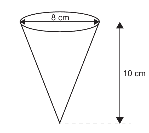 Cone de chocolate com diâmetro e altura indicados.