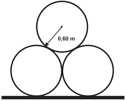 Desenho da vista traseira: sobre uma linha horizontal grossa (a carroceria), dois círculos iguais lado a lado, tangentes entre si, e um terceiro círculo em cima, tangente aos dois; do centro do círculo superior parte um raio marcado 0,60 m.