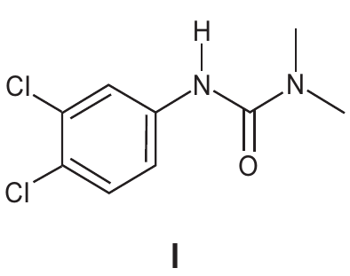 Estrutura I: anel benzênico com dois cloros, ligado por um nitrogênio com hidrogênio (N-H) a um carbono de carbonila (C=O), que por sua vez se liga a um nitrogênio com dois grupos metila.