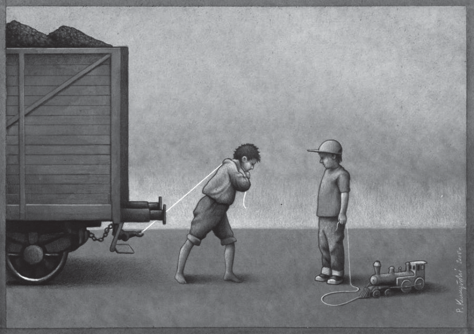 Ilustração em tons sépia: à esquerda, um vagão de trem de madeira carregado de carvão; um menino magro, descalço e de roupas simples puxa o vagão com uma corda presa ao corpo, curvado pelo esforço. À direita, um menino de boné e roupa limpa caminha em sentido oposto puxando, também por uma corda, um trenzinho de brinquedo.