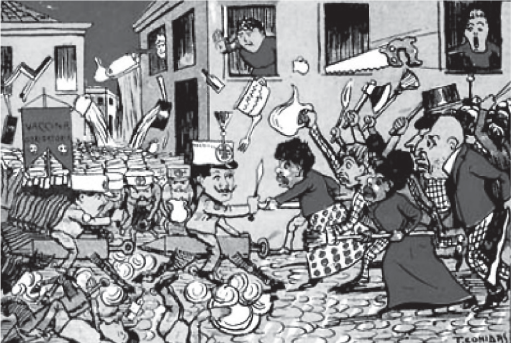Charge em preto e branco: em uma rua de casario, uma multidão de populares ataca uma coluna de homens uniformizados que carregam uma faixa com a inscrição “Vaccina obrigatoria”; das janelas e da rua voam garrafas, jarras, bacias, cadeiras e ferramentas; à direita, homens e mulheres brandem martelos, serrotes e machados.