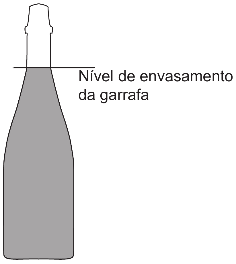 Desenho de uma garrafa de espumante vista de frente, cortada na altura do ombro. Uma linha horizontal atravessa a garrafa logo abaixo do gargalo, com o rótulo Nível de envasamento da garrafa à direita. Abaixo dessa linha o interior aparece preenchido em cinza, representando o líquido; o corpo da garrafa alarga-se a partir do gargalo estreito e segue reto até a base.
