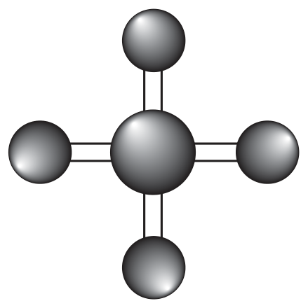 Modelo tridimensional da molécula SF₆: uma esfera grande (enxofre) no centro, ligada por hastes a seis esferas menores (flúor): uma acima, uma abaixo e quatro no plano horizontal. Linhas tracejadas ligam os seis átomos de flúor formando um octaedro. Um olho desenhado acima do modelo indica a vista de cima, e uma seta curva marca o ângulo de 90° entre a ligação vertical e uma ligação horizontal. Legenda: esfera maior = enxofre; esfera menor = flúor; haste = ligação.