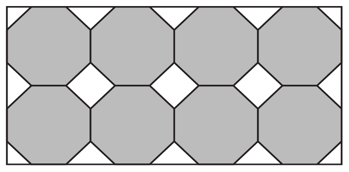 Desenho de um painel retangular coberto por octógonos regulares cinzentos, dispostos em duas fileiras de quatro octógonos. Entre os octógonos vizinhos sobram pequenos espaços brancos em forma de losango, e nas bordas do retângulo sobram espaços brancos triangulares, nos cantos e ao longo dos lados.