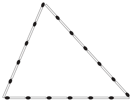 Triângulo formado por palitos de fósforo: a base tem 6 palitos alinhados; o lado esquerdo, mais inclinado, tem 6 palitos; o lado direito tem 5 palitos. As cabeças dos palitos aparecem como pontos pretos.