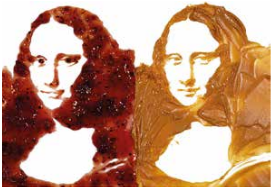 Fotografia de composição de Vik Muniz: duas reproduções lado a lado do rosto e busto da Mona Lisa, em alto contraste, à maneira das repetições de Andy Warhol. A da esquerda é feita com geleia, em tom vermelho-escuro; a da direita, com pasta de amendoim, em tom marrom-amarelado.